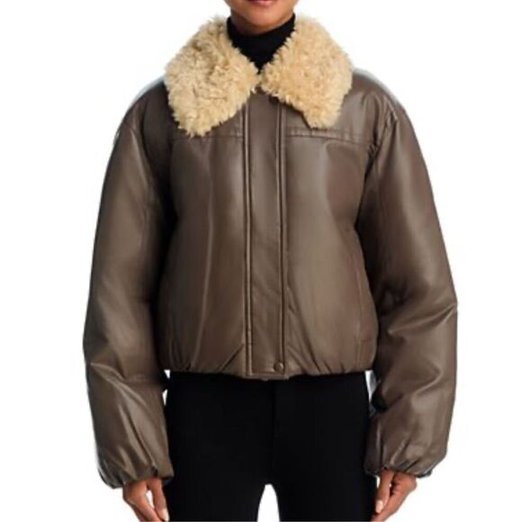 Stand Studio Fran faux leather puffer jacket fur collar mole brown size EU40 med
